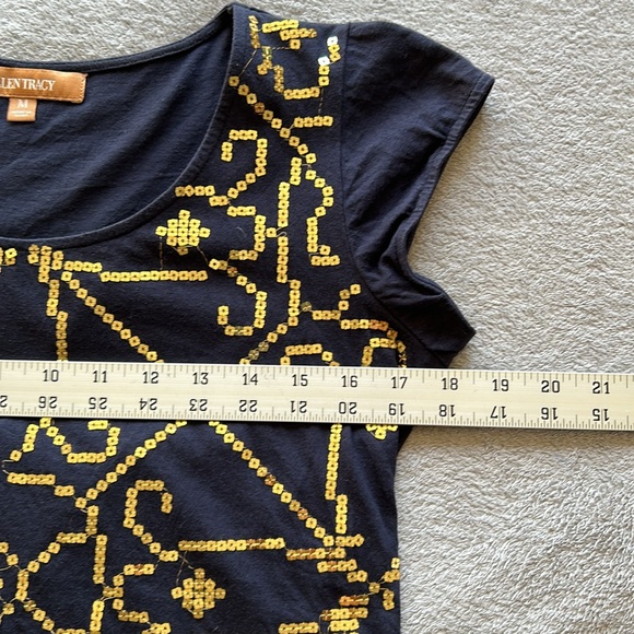 Ellen Tracy | Womens Navy Blue Short Cap Sleeve Top w/ Gold Sequins - Size M - Picture 5 of 6